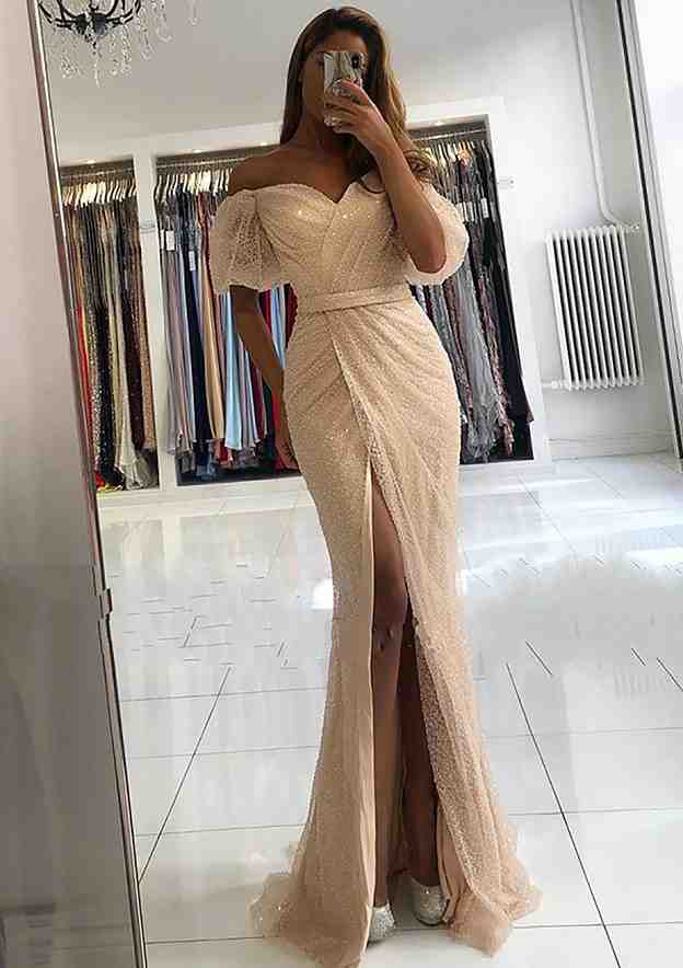 Modern Prom Dress/Evening Dress with Sequins - Trumpet/Mermaid Off-the-Shoulder Short Sleeve Sweep Train - Fashionpara