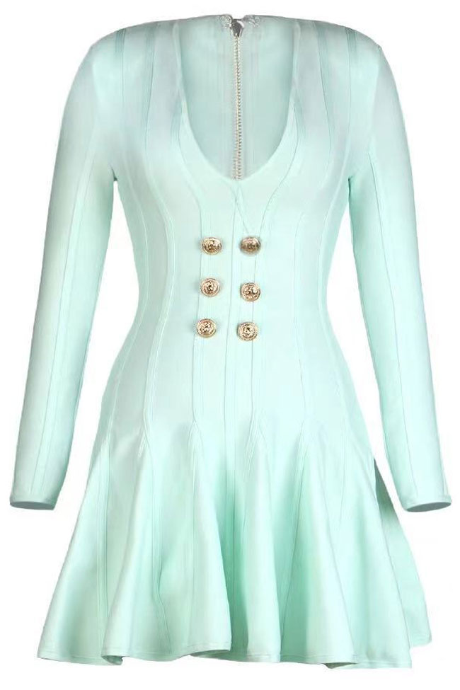 Modern Shoulder Pad Long Sleeve Ruffle Bandage Mini Dress - Lake Green  Fashionpara