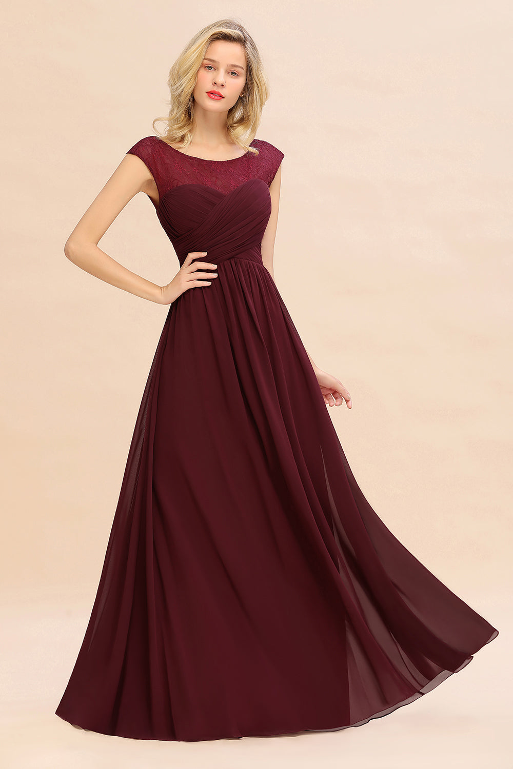 Modest Burgundy Chiffon Sleeveless Ruffle Bridesmaid Dresses Affordable - Fashionpara