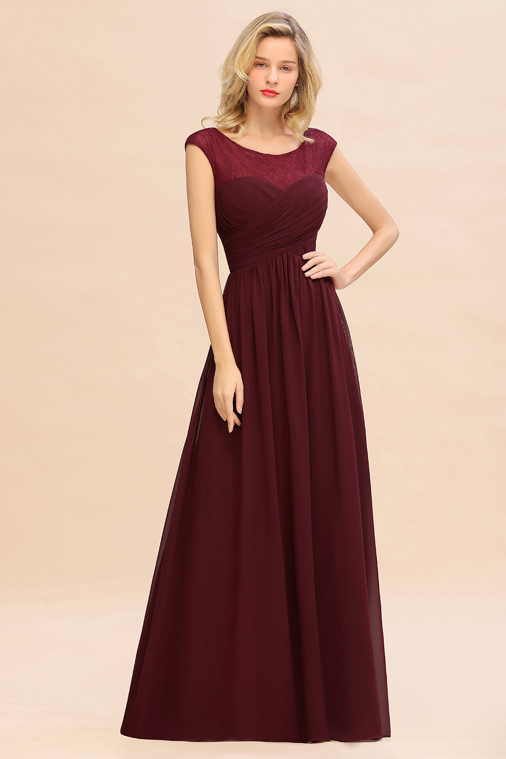 Modest Burgundy Chiffon Sleeveless Ruffle Bridesmaid Dresses Affordable - Fashionpara