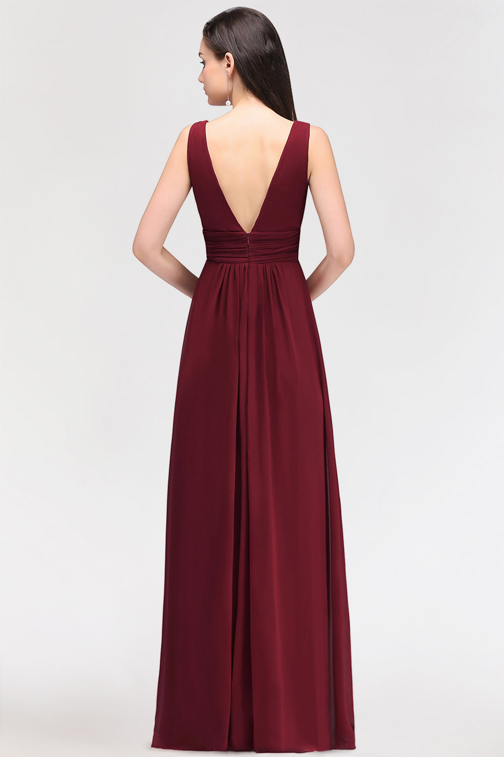 Modest Burgundy V-Neck Sleeveless Long Bridesmaid dresses Affordable - Fashionpara