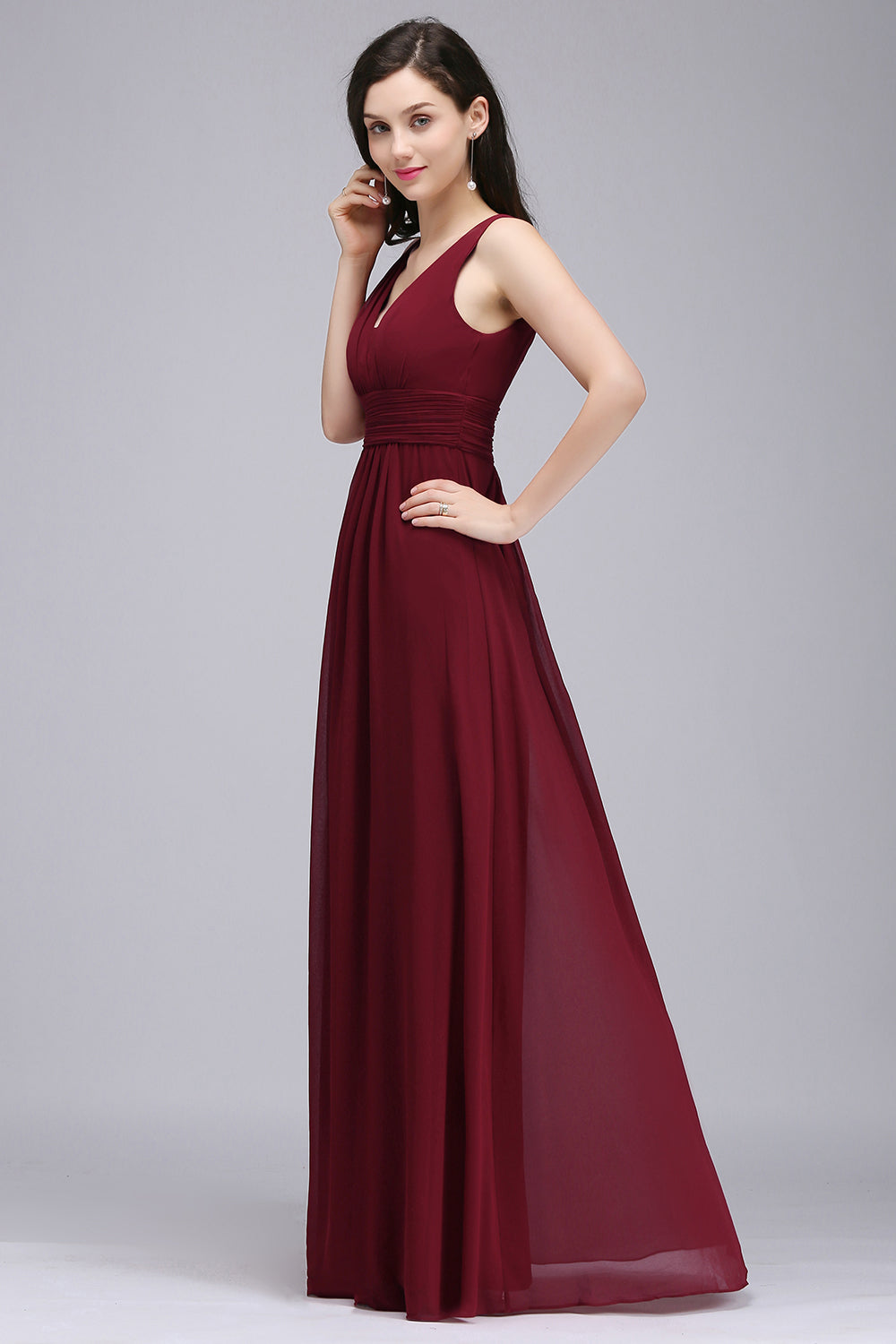 Modest Burgundy V-Neck Sleeveless Long Bridesmaid dresses Affordable - Fashionpara