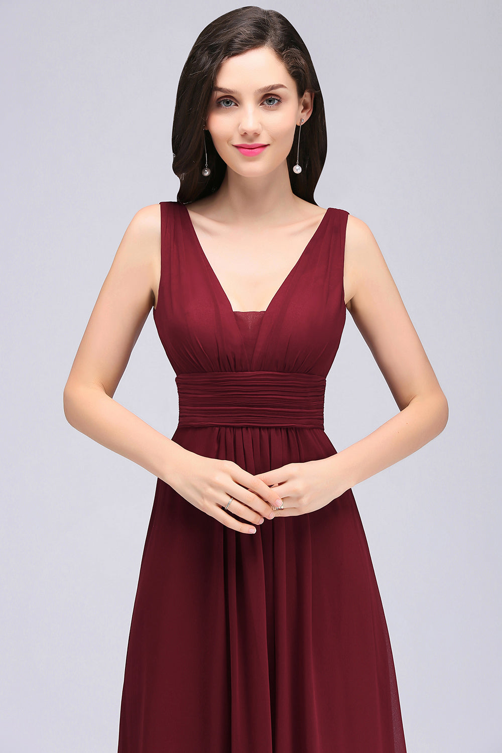 Modest Burgundy V-Neck Sleeveless Long Bridesmaid dresses Affordable - Fashionpara