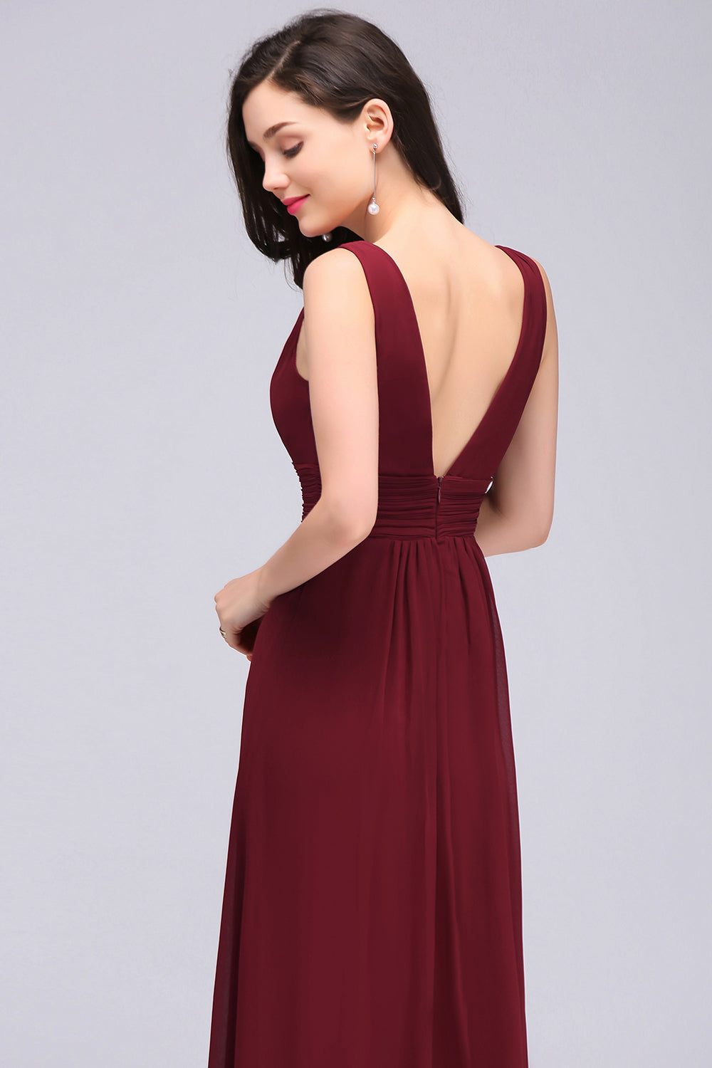 Modest Burgundy V-Neck Sleeveless Long Bridesmaid dresses Affordable - Fashionpara