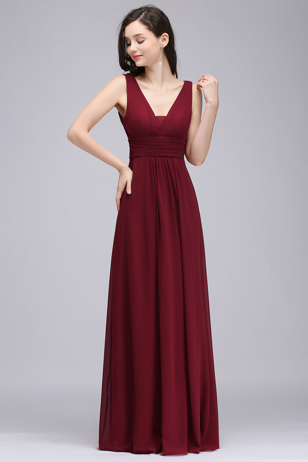Modest Burgundy V-Neck Sleeveless Long Bridesmaid dresses Affordable - Fashionpara