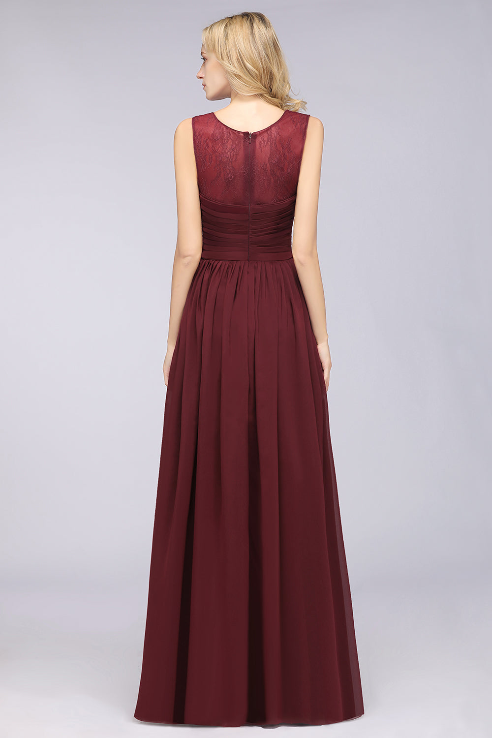 Modest Chiffon Lace Scoop Ruffle Burgundy Bridesmaid dresses Affordable - Fashionpara