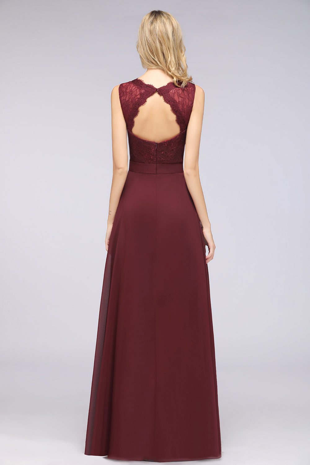 Modest Chiffon V-Neck Burgundy Lace Bridesmaid dresses - Fashionpara