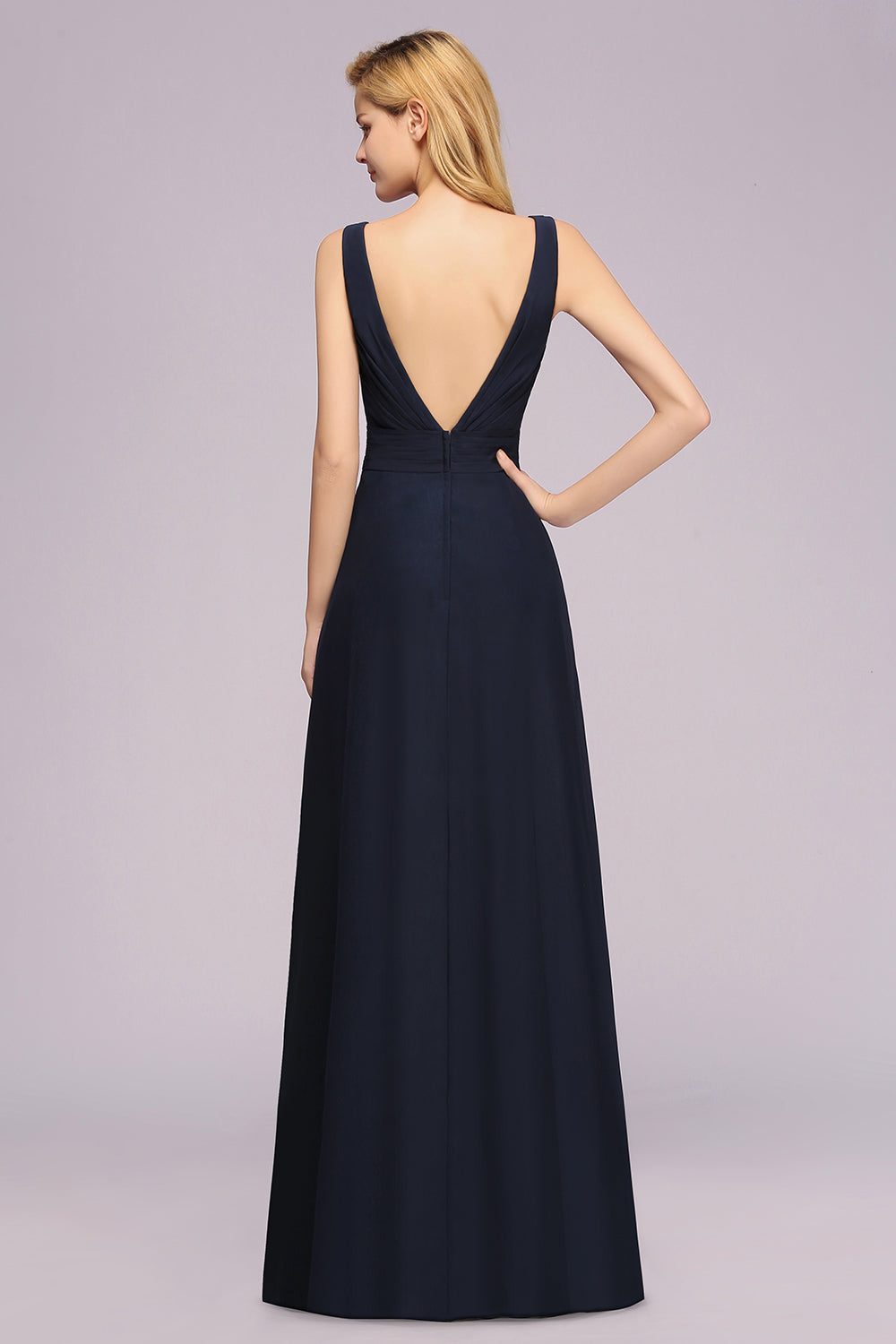 Modest Chiffon V-Neck Long Bridesmaid Dresses with Beadings - Fashionpara