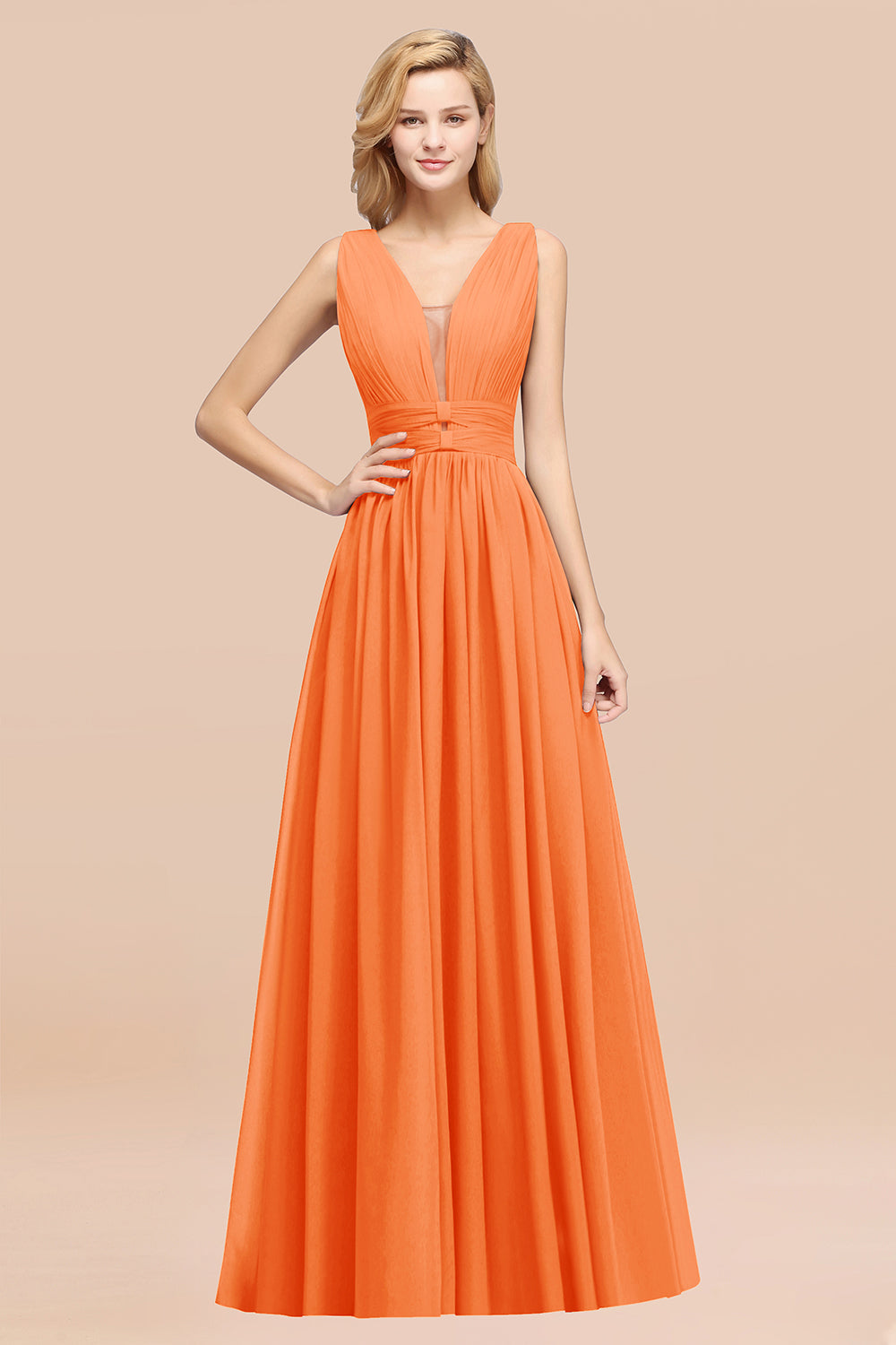 Modest Dark Green Long Bridesmaid Dresses Deep V-Neck Chiffon Maid of Honor Dress - Fashionpara