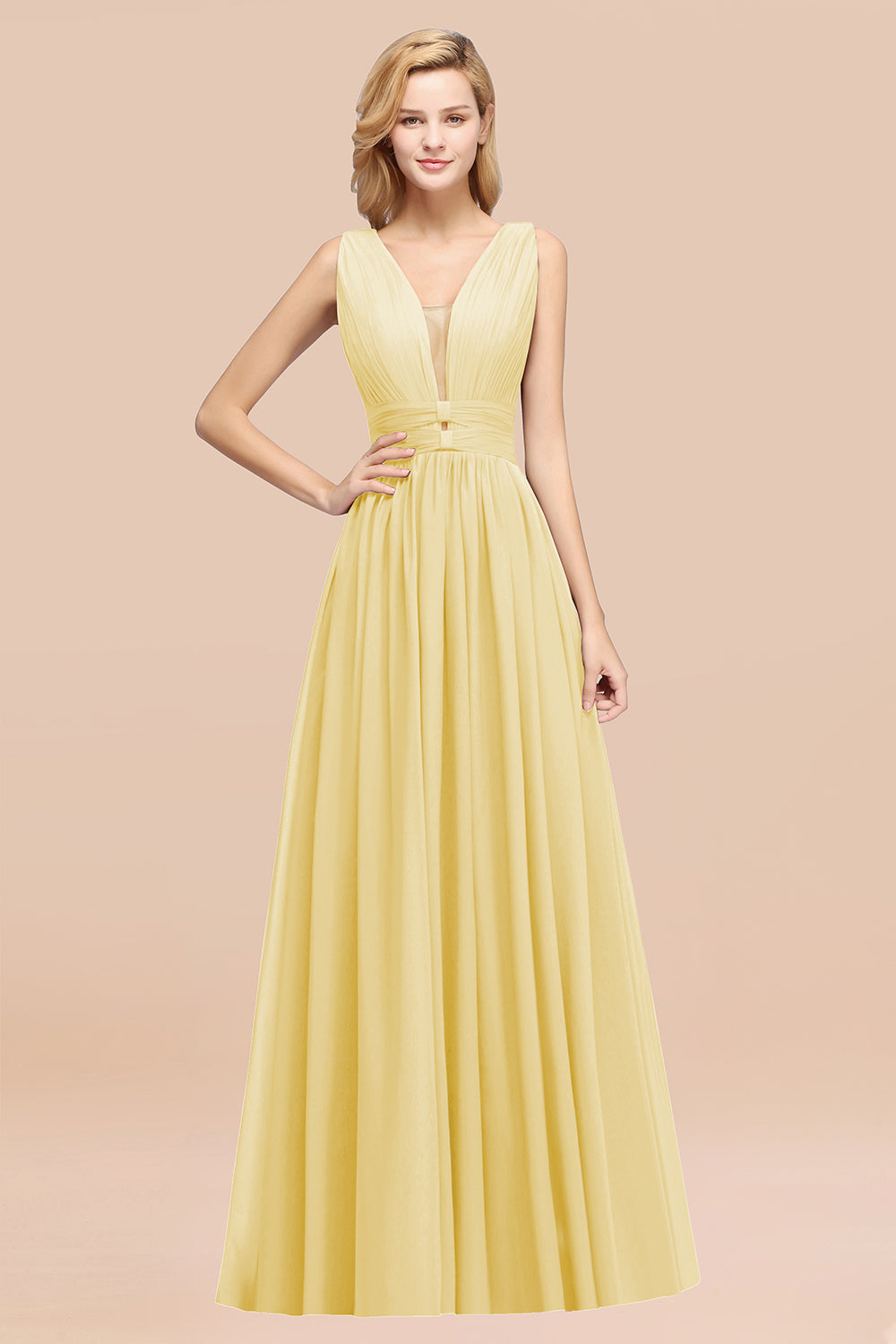 Modest Dark Green Long Bridesmaid Dresses Deep V-Neck Chiffon Maid of Honor Dress - Fashionpara
