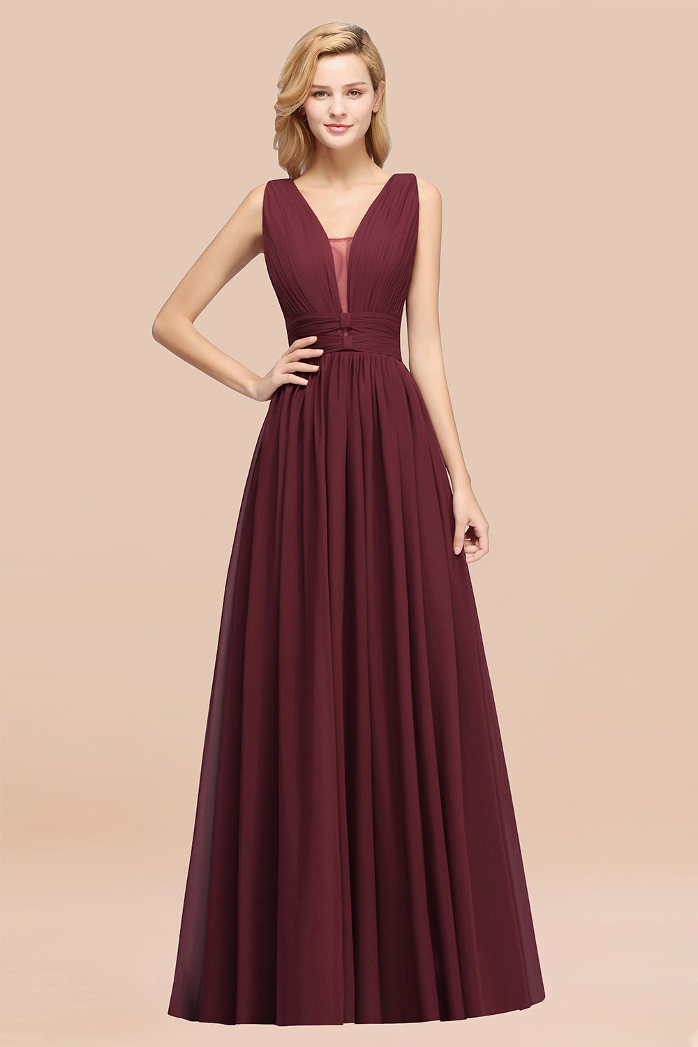Modest Dark Green Long Bridesmaid Dresses Deep V-Neck Chiffon Maid of Honor Dress - Fashionpara