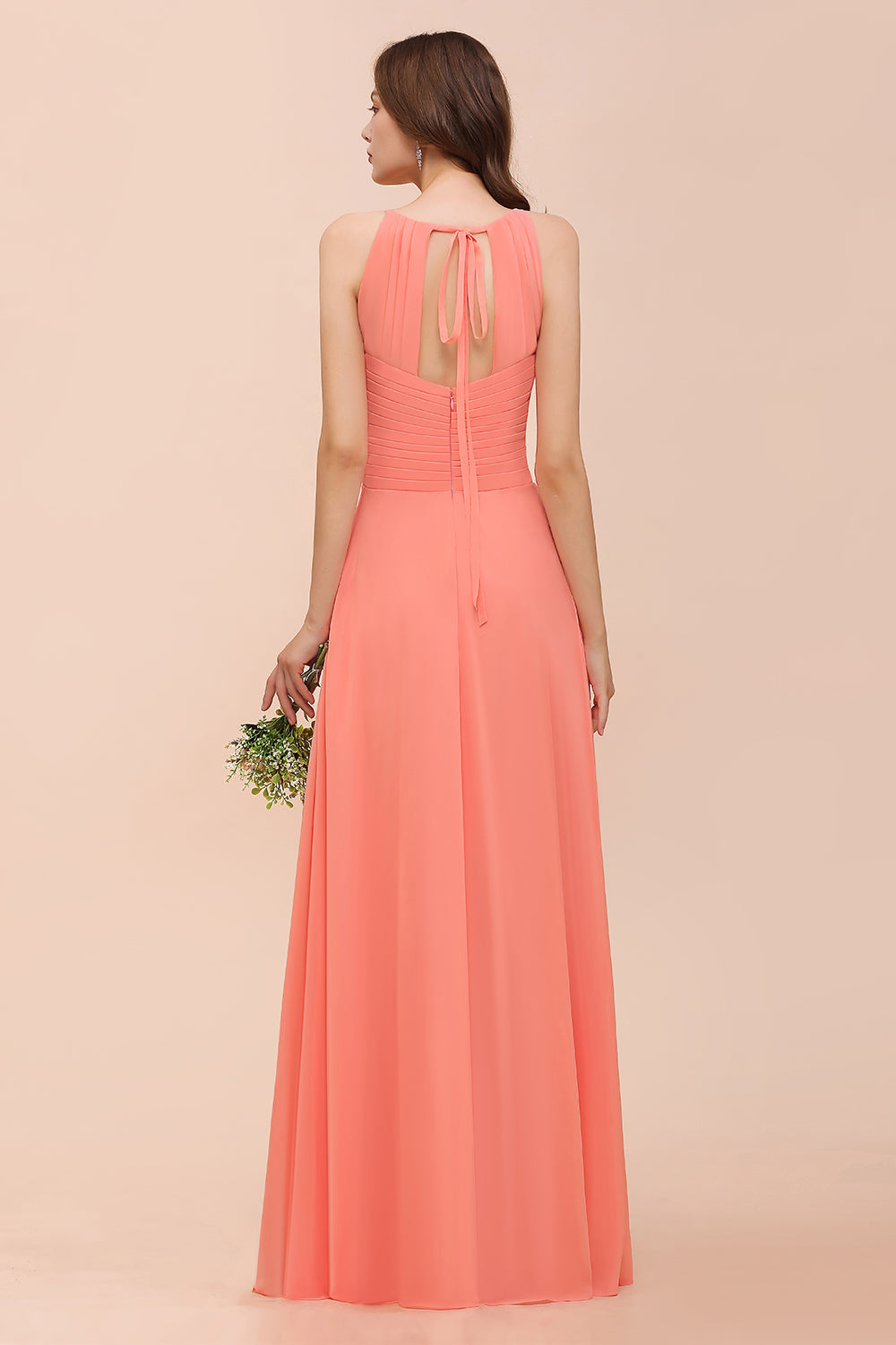 Modest Halter Ruffle Coral Chiffon Affordable Bridesmaid Dresses - Fashionpara