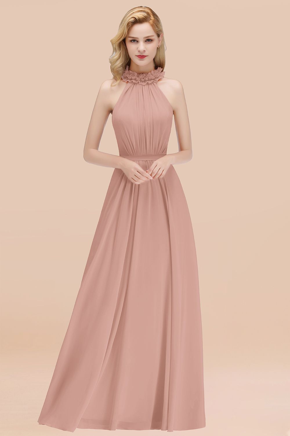 Modest High-Neck Halter Ruffle Chiffon Bridesmaid dresses Affordable - Fashionpara