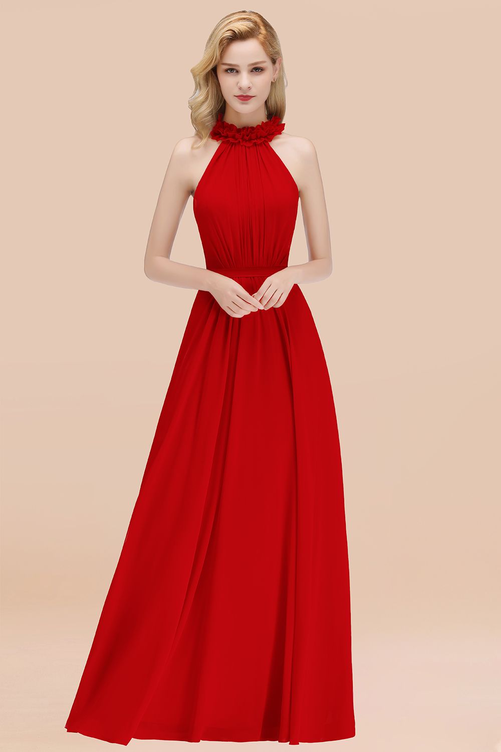 Modest High-Neck Halter Ruffle Chiffon Bridesmaid dresses Affordable - Fashionpara