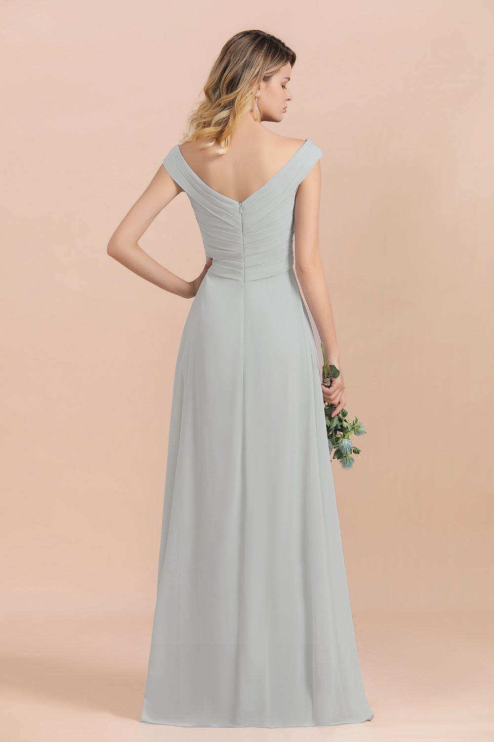 Modest Off-the-Shoulder Mist Chiffon Bridesmaid dresses with Pleats - Fashionpara
