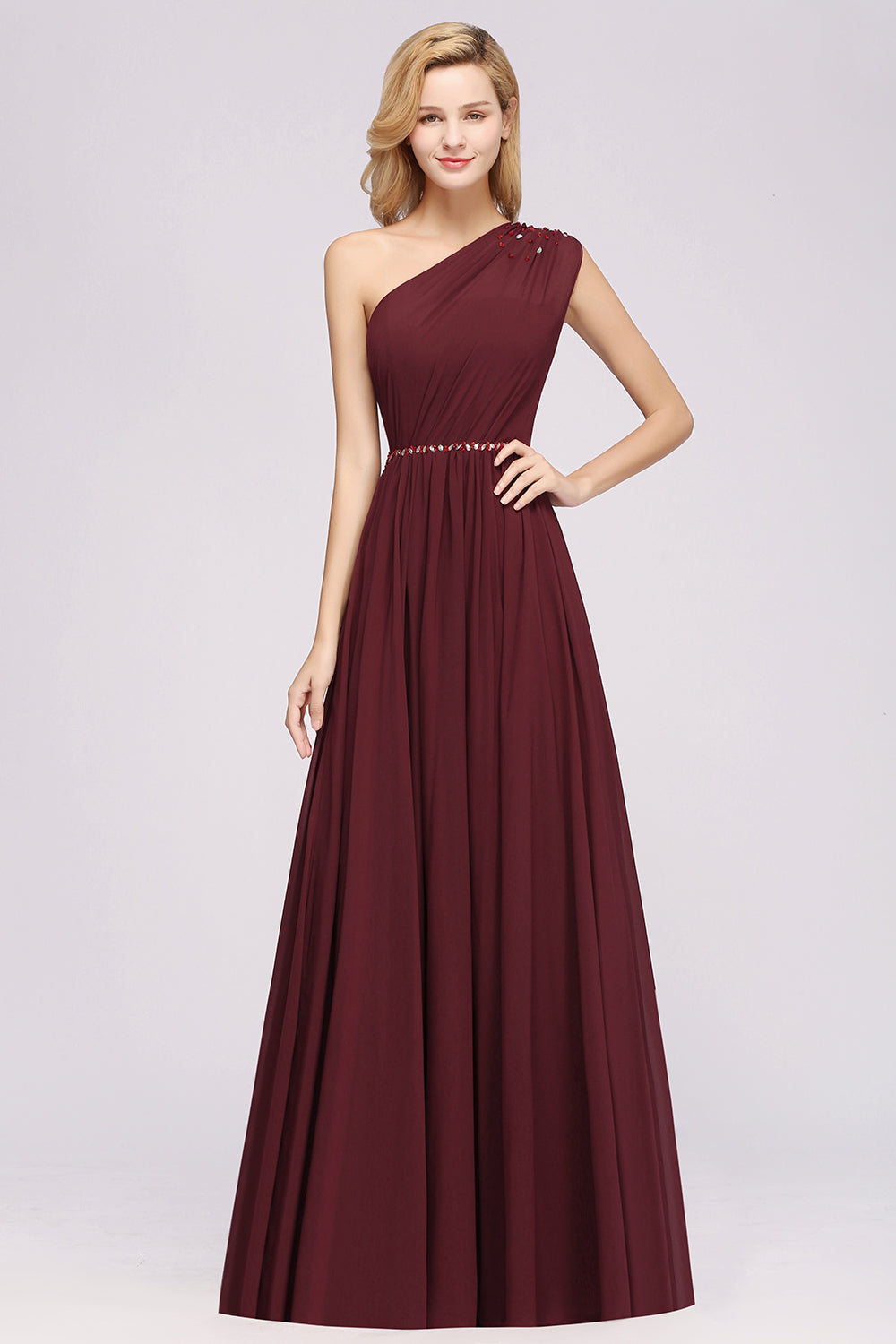 Modest One-shoulder Royal Blue Affordable Bridesmaid Dresses with Beadings - Fashionpara