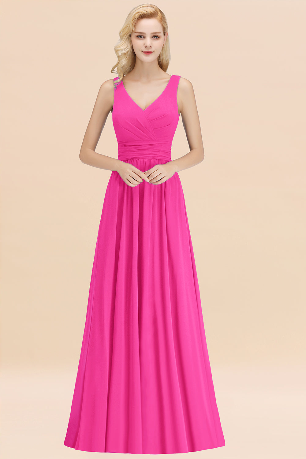 Modest Sleeveless V-Neck Long Chiffon Bridesmaid Dresses with Ruffle - Fashionpara