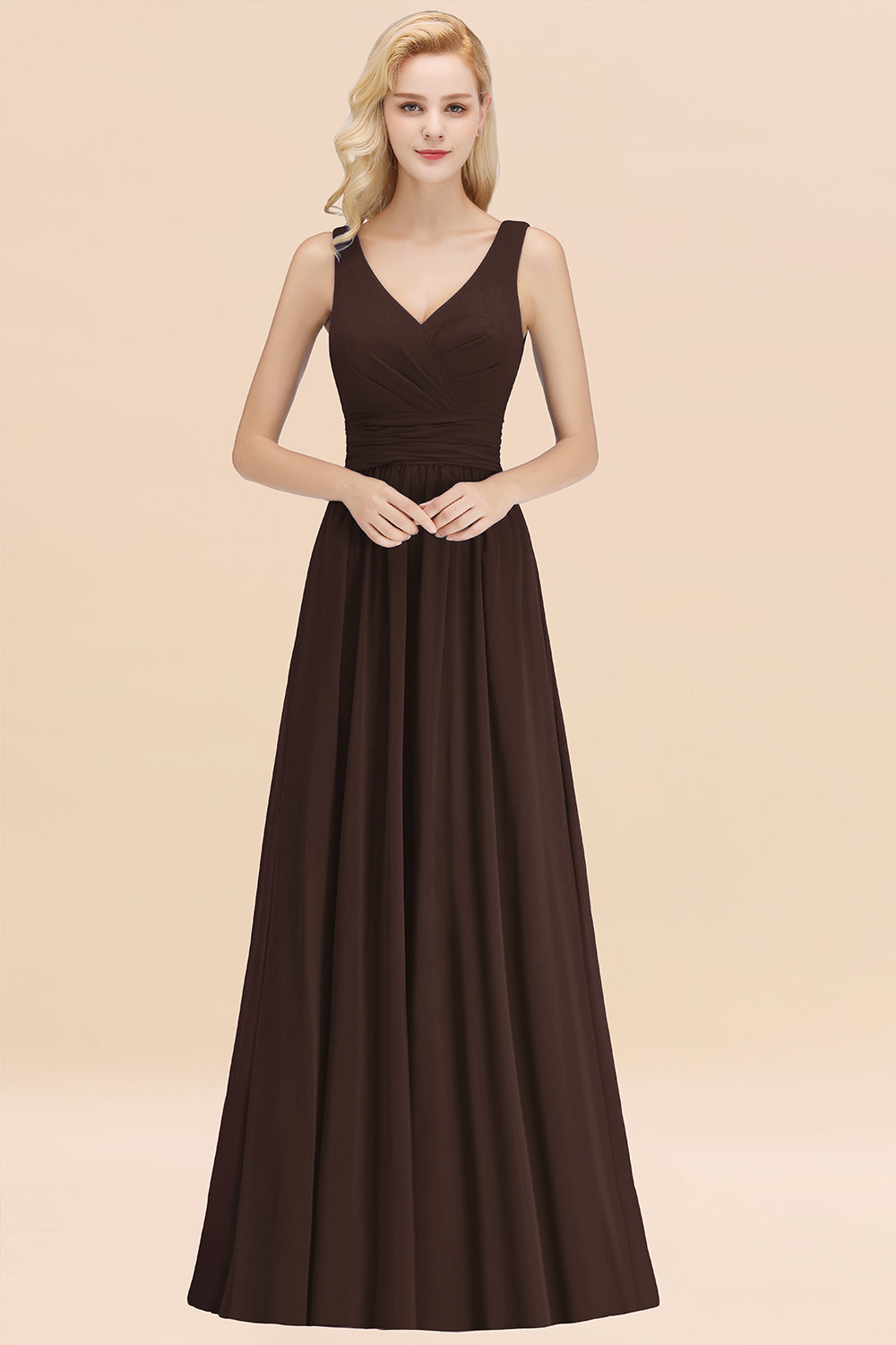 Modest Sleeveless V-Neck Long Chiffon Bridesmaid Dresses with Ruffle - Fashionpara