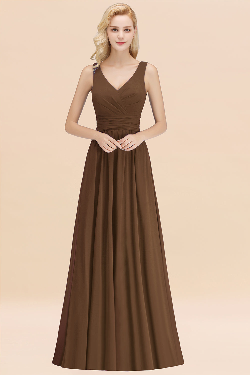 Modest Sleeveless V-Neck Long Chiffon Bridesmaid Dresses with Ruffle - Fashionpara
