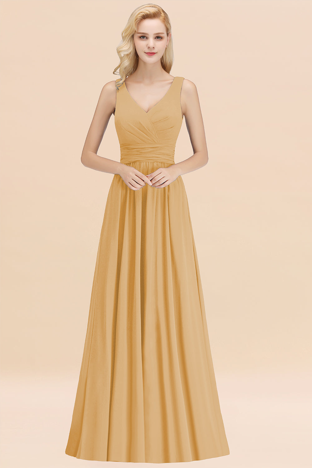 Modest Sleeveless V-Neck Long Chiffon Bridesmaid Dresses with Ruffle - Fashionpara