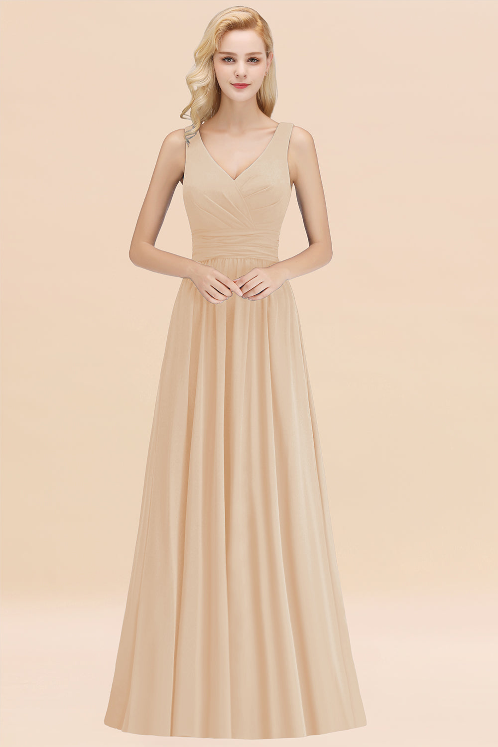 Modest Sleeveless V-Neck Long Chiffon Bridesmaid Dresses with Ruffle - Fashionpara