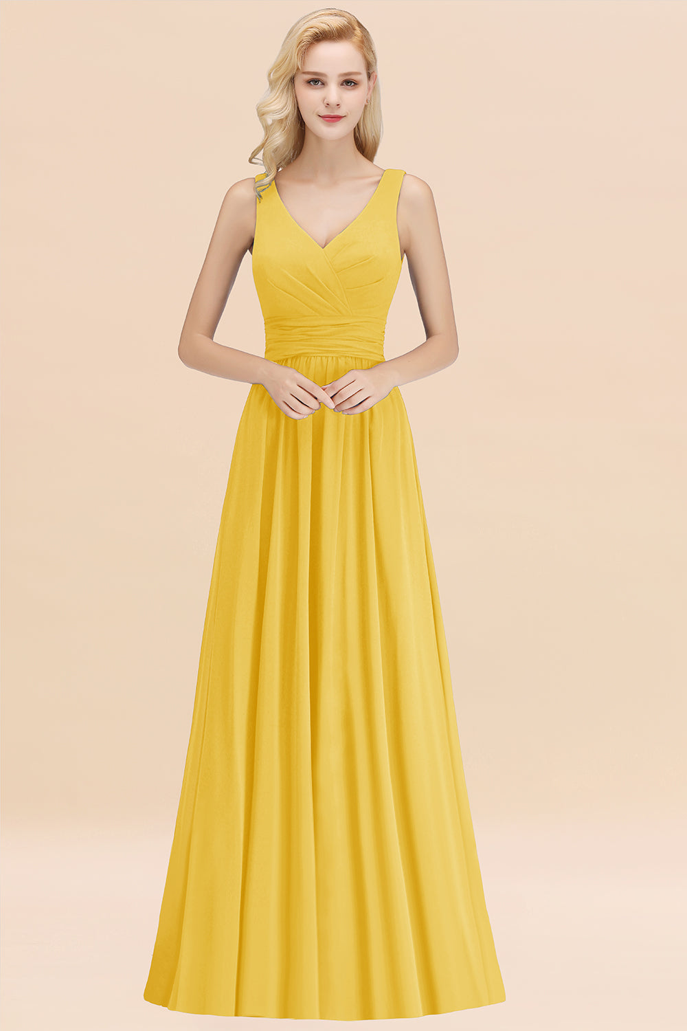 Modest Sleeveless V-Neck Long Chiffon Bridesmaid Dresses with Ruffle - Fashionpara