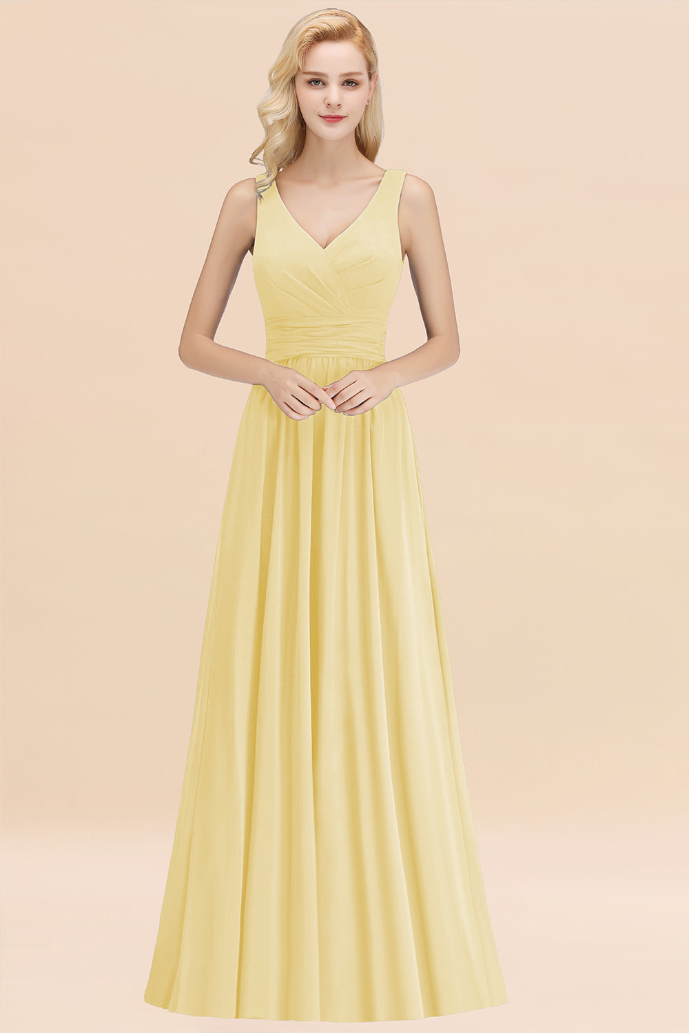 Modest Sleeveless V-Neck Long Chiffon Bridesmaid Dresses with Ruffle - Fashionpara