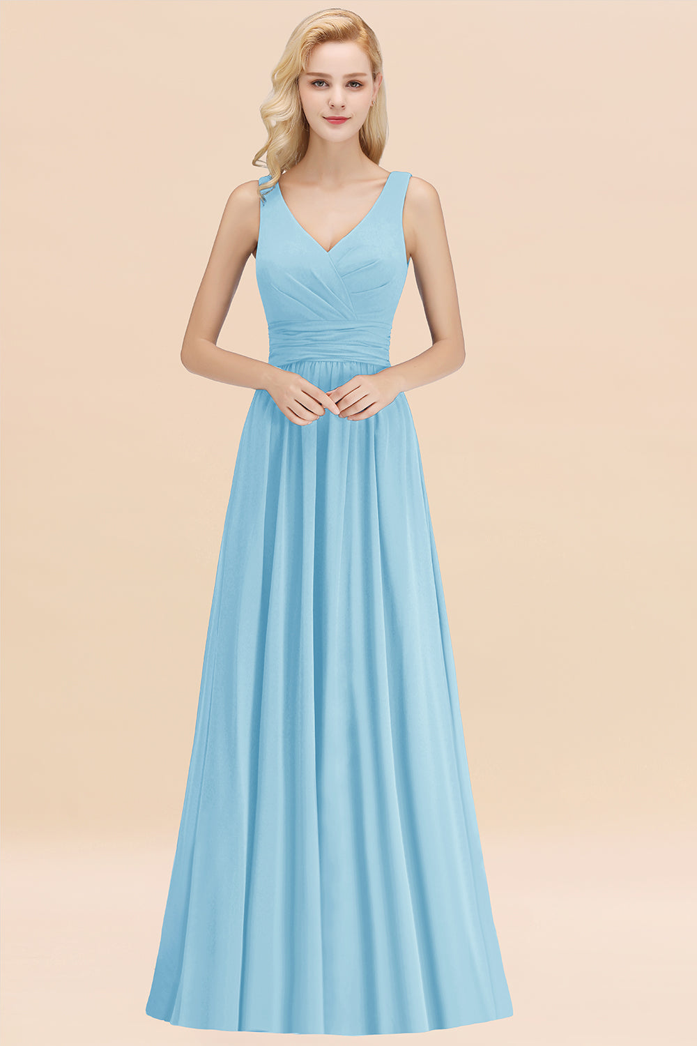 Modest Sleeveless V-Neck Long Chiffon Bridesmaid Dresses with Ruffle - Fashionpara