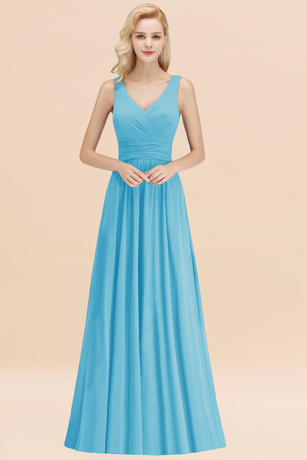 Modest Sleeveless V-Neck Long Chiffon Bridesmaid Dresses with Ruffle - Fashionpara