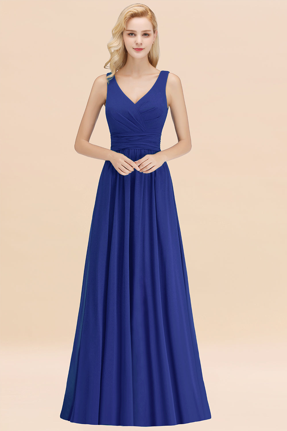 Modest Sleeveless V-Neck Long Chiffon Bridesmaid Dresses with Ruffle - Fashionpara