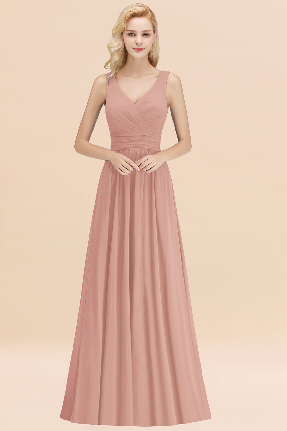 Modest Sleeveless V-Neck Long Chiffon Bridesmaid Dresses with Ruffle - Fashionpara