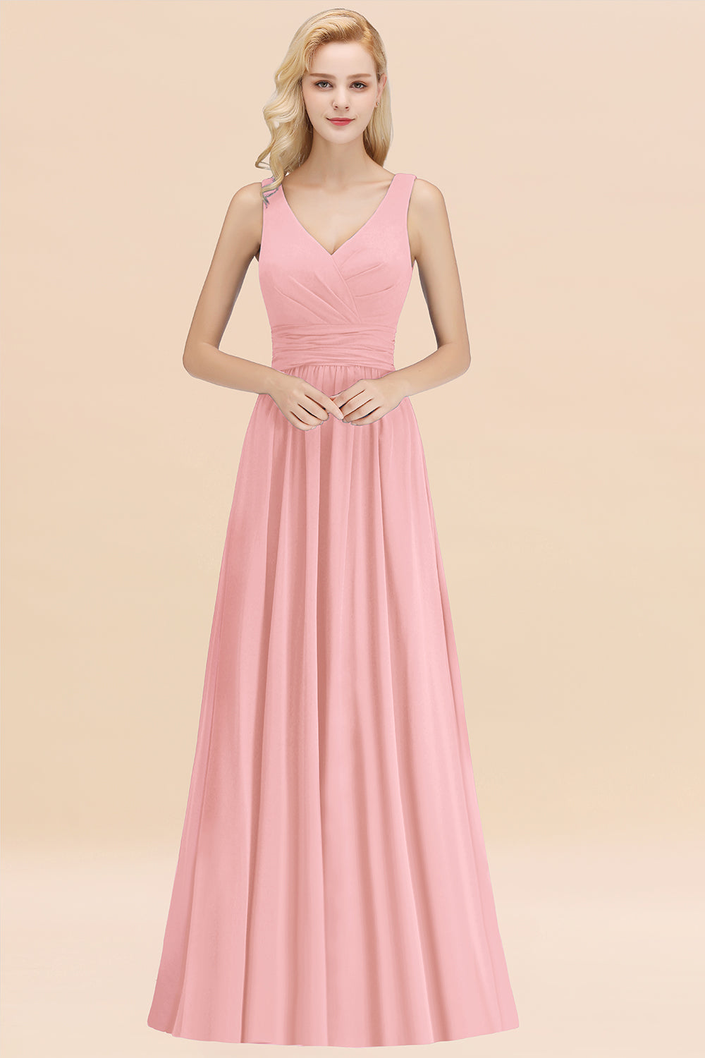 Modest Sleeveless V-Neck Long Chiffon Bridesmaid Dresses with Ruffle - Fashionpara