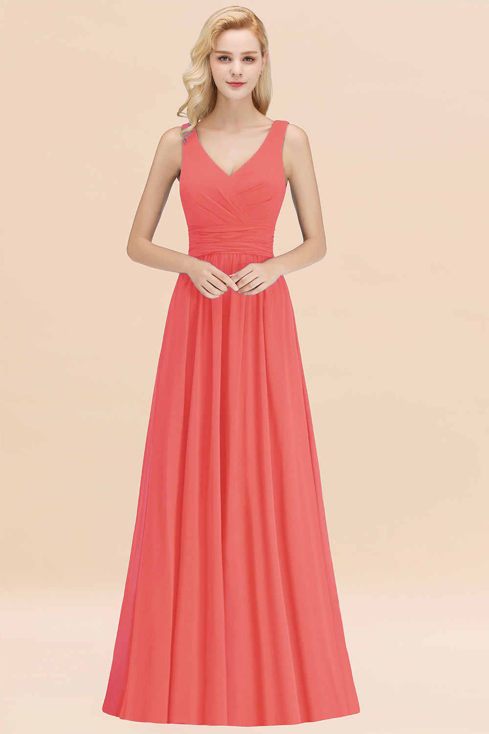 Modest Sleeveless V-Neck Long Chiffon Bridesmaid Dresses with Ruffle - Fashionpara