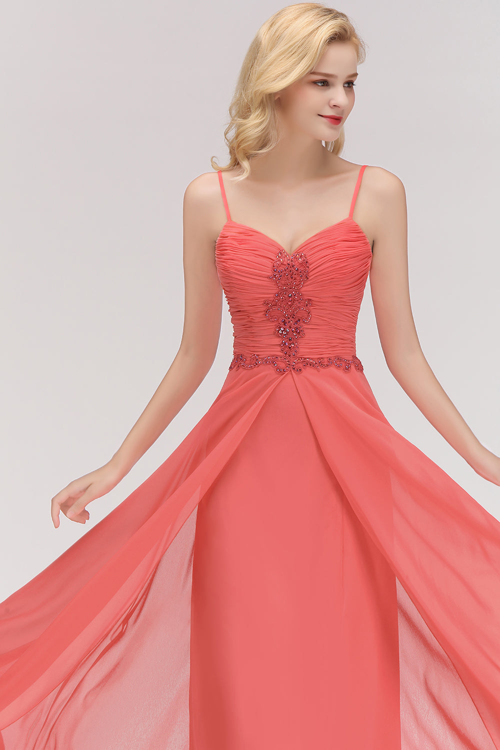 Modest Spaghetti-Straps Ruffle Affordable Bridesmaid Dresses with Appliques - Fashionpara