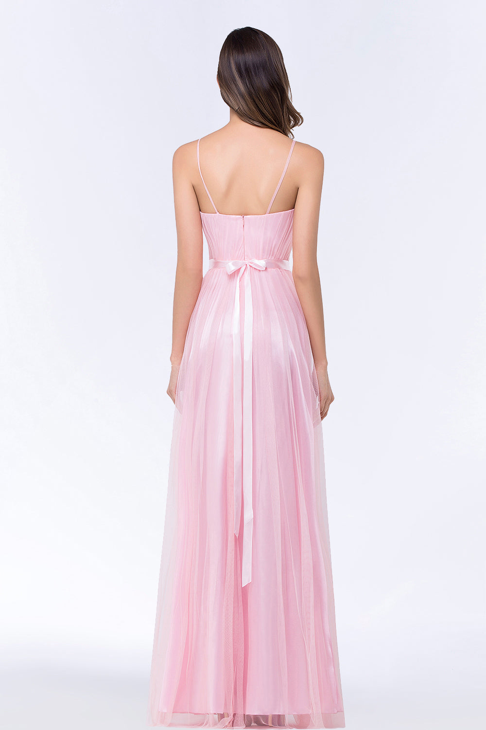 Modest Spaghetti-Straps Sweetheart Long Bridesmaid Dresses with Sash - Fashionpara