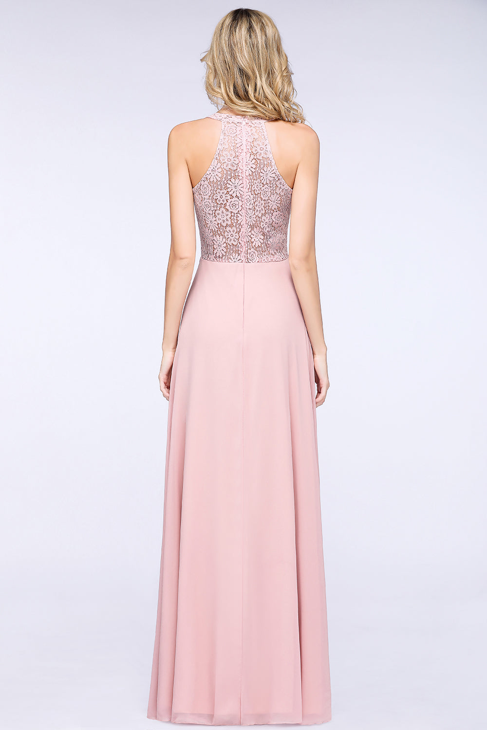 Modest V-Neck Sleeveless Pink Affordable Bridesmaid dresses Lace - Fashionpara