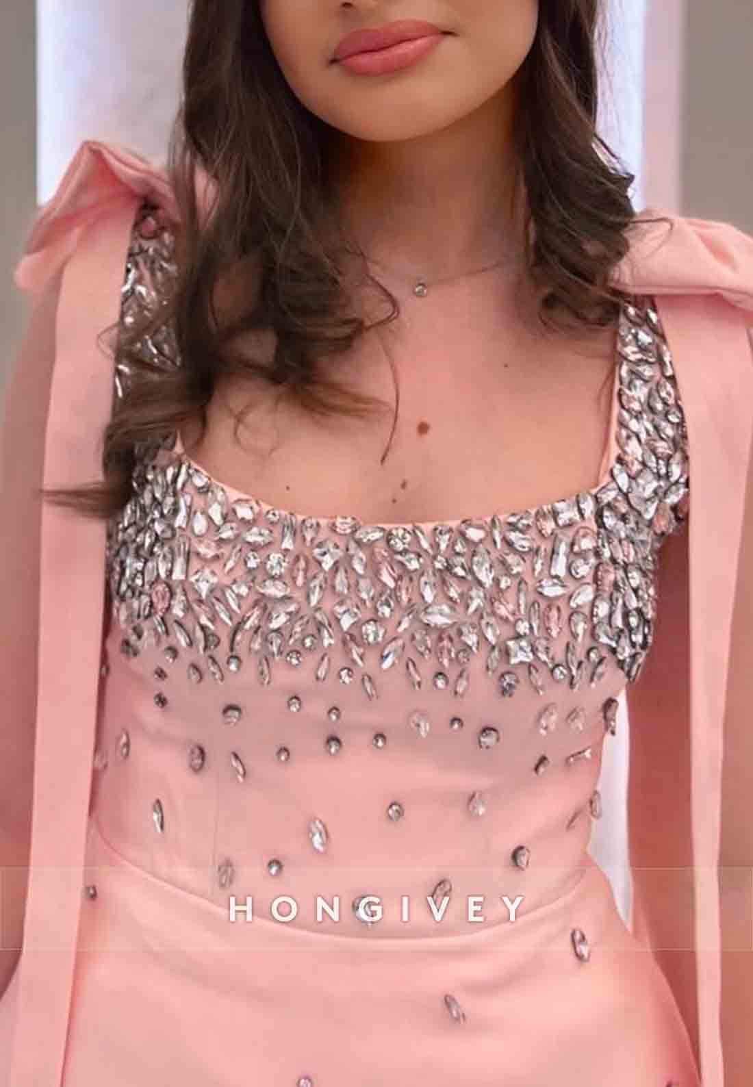 Blushing Pink Rhinestone A-Line Bowknot Square Neck Sleeveless Mini Homecoming Dresses