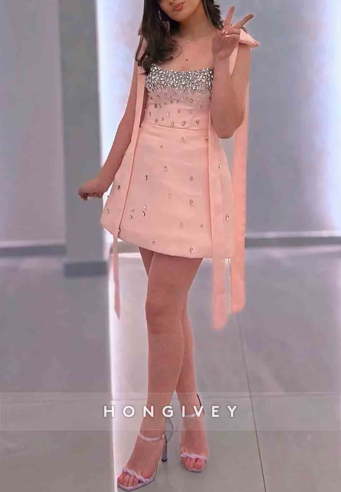 Blushing Pink Rhinestone A-Line Bowknot Square Neck Sleeveless Mini Homecoming Dresses