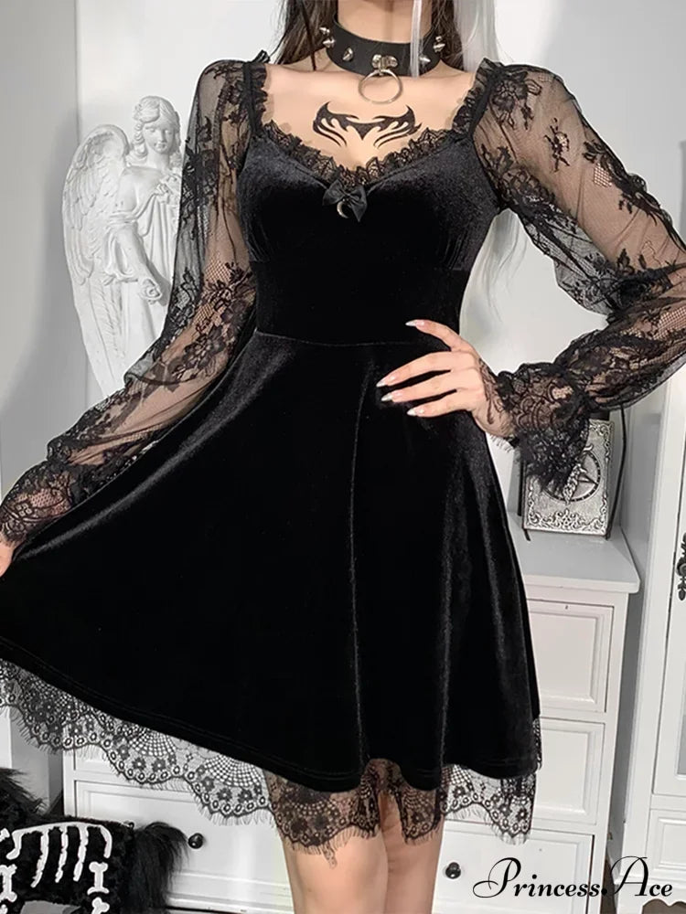 Moon Sexy Black Grunge Dark V Neck Aesthetic Vintage Mini Long Sleeve Autumn Dress