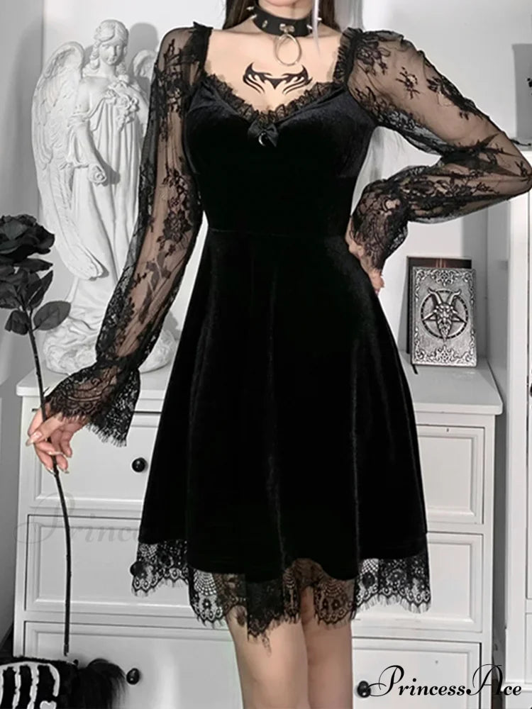 Moon Sexy Black Grunge Dark V Neck Aesthetic Vintage Mini Long Sleeve Autumn Dress