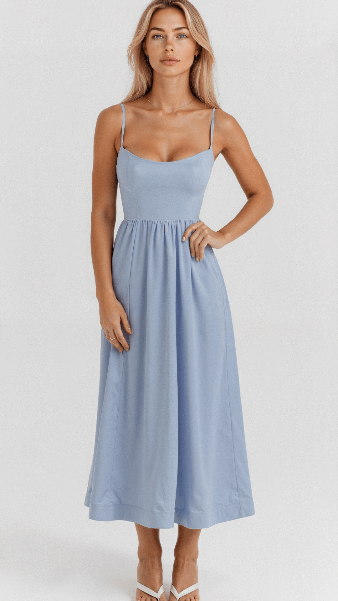 Spaghetti Strap Scoop Neck Corset Panel A-Line Gathered Midi Dress - View 3