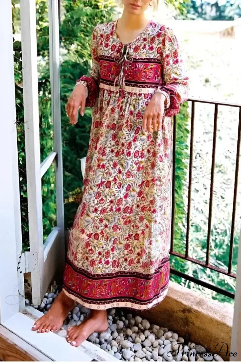 Multi Floral Print Tie Neck Tassel Vintage Bohemian Maxi Dress WHITE / S bohodress-250126