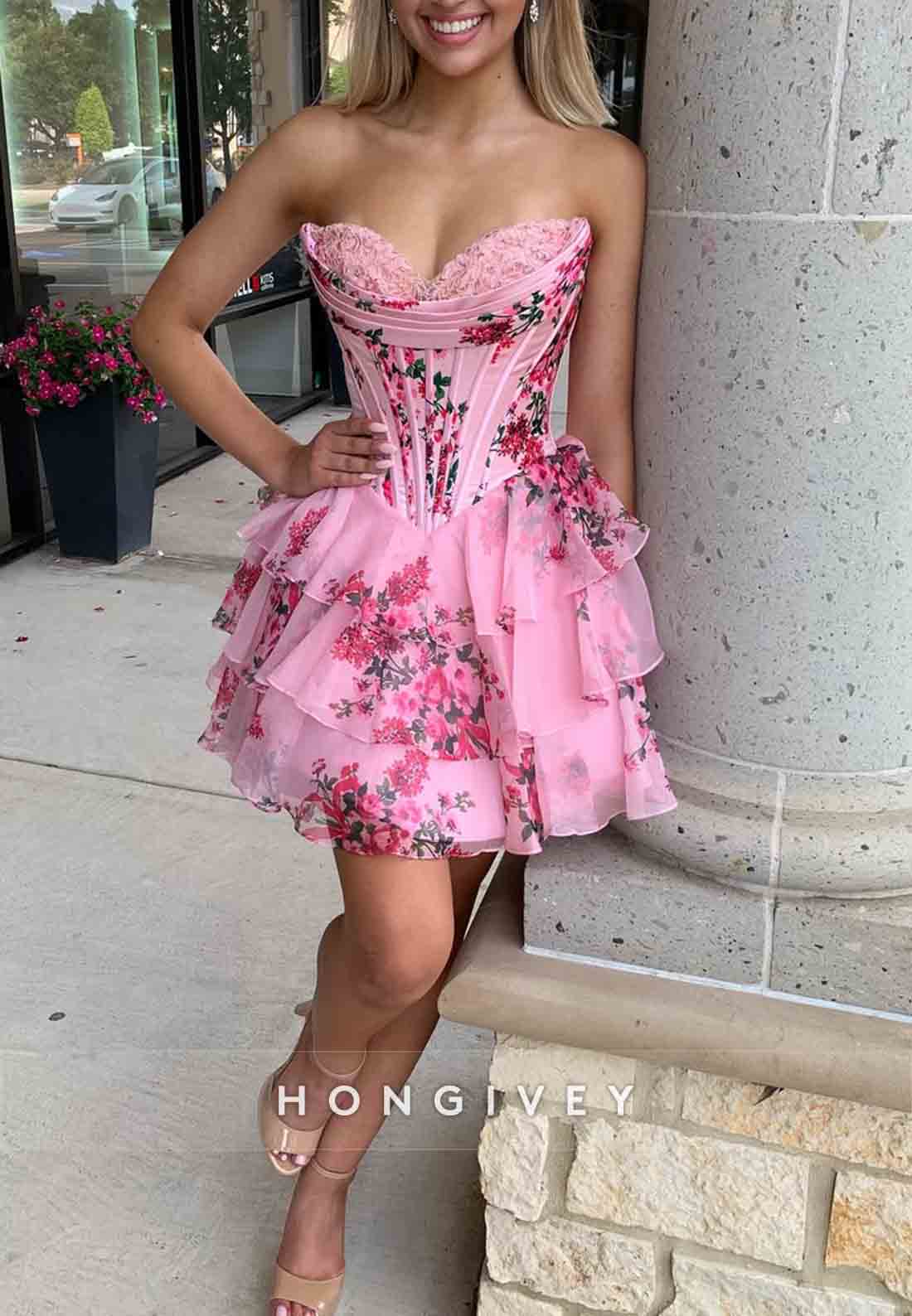 Strapless Floral Print Ruffles Sleeveless Pleated A-Line Short Homecoming dresses