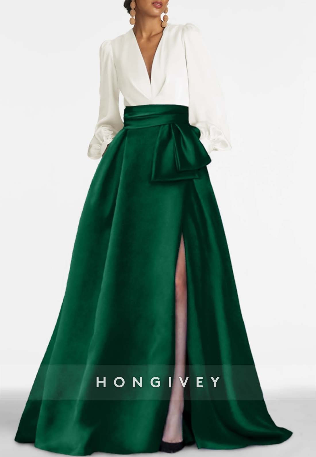 A-line High Slit Evening Gown Floor-Length V Neck Long Sleeve Pleated Mother of the Bride