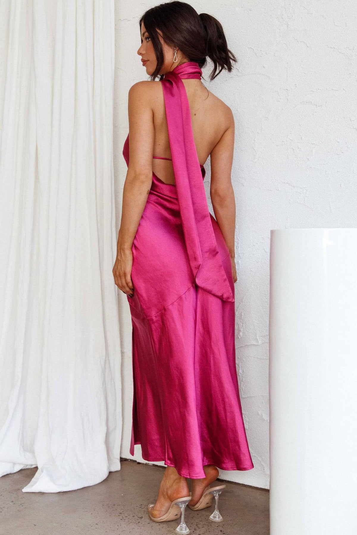 Satin Halter Neck Backless Cowl Bias Cut Midi Dress