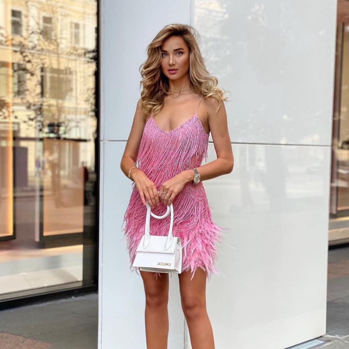 Fringe Spaghetti Strap Tiered Feather Hem Mini Dress 3