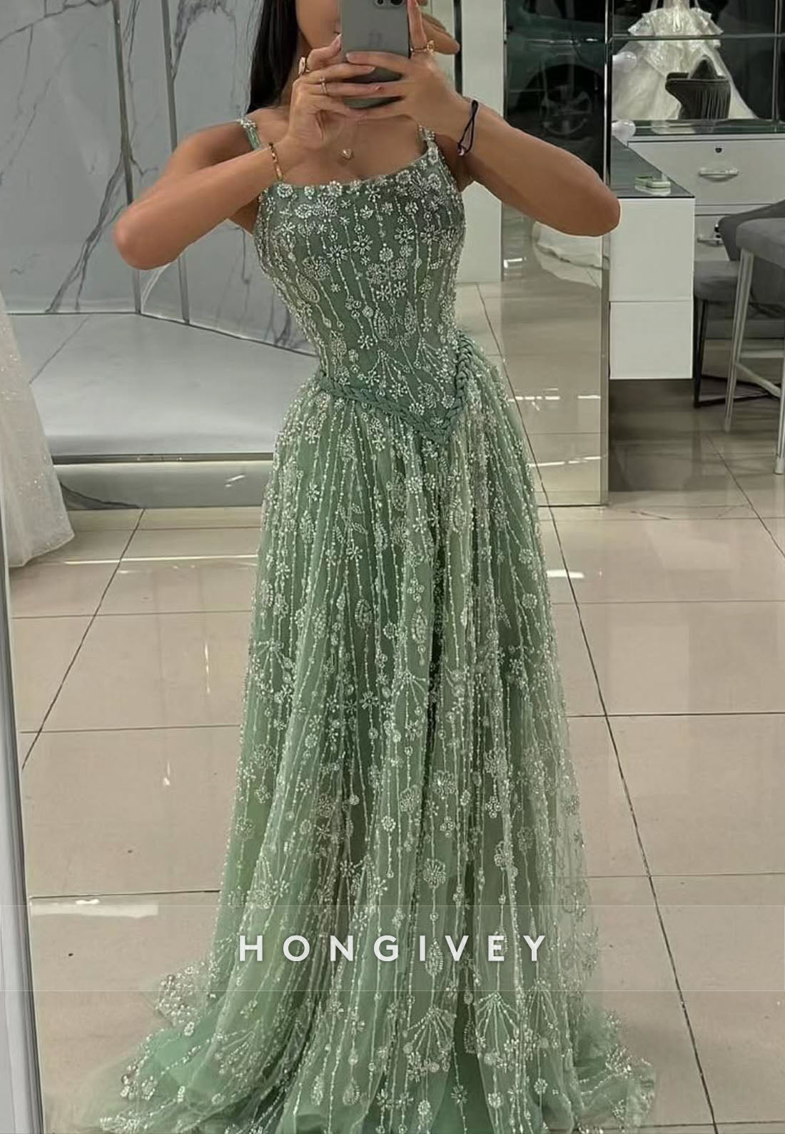 Regular Straps Sleeveless Square Pleated Beading Sweep Train Evening Gown