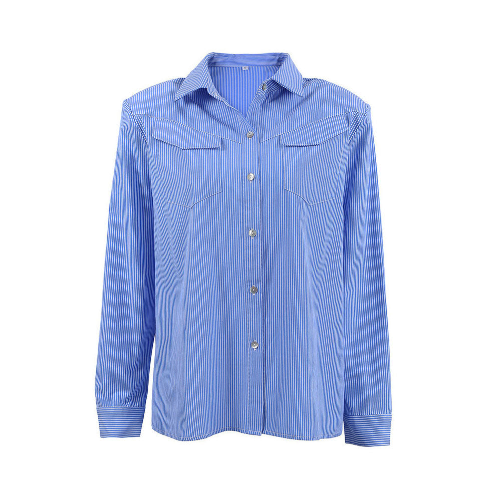 Nautical Stripe Print Shoulder Pad Long Sleeve Button Up Collared Shirt - Blue