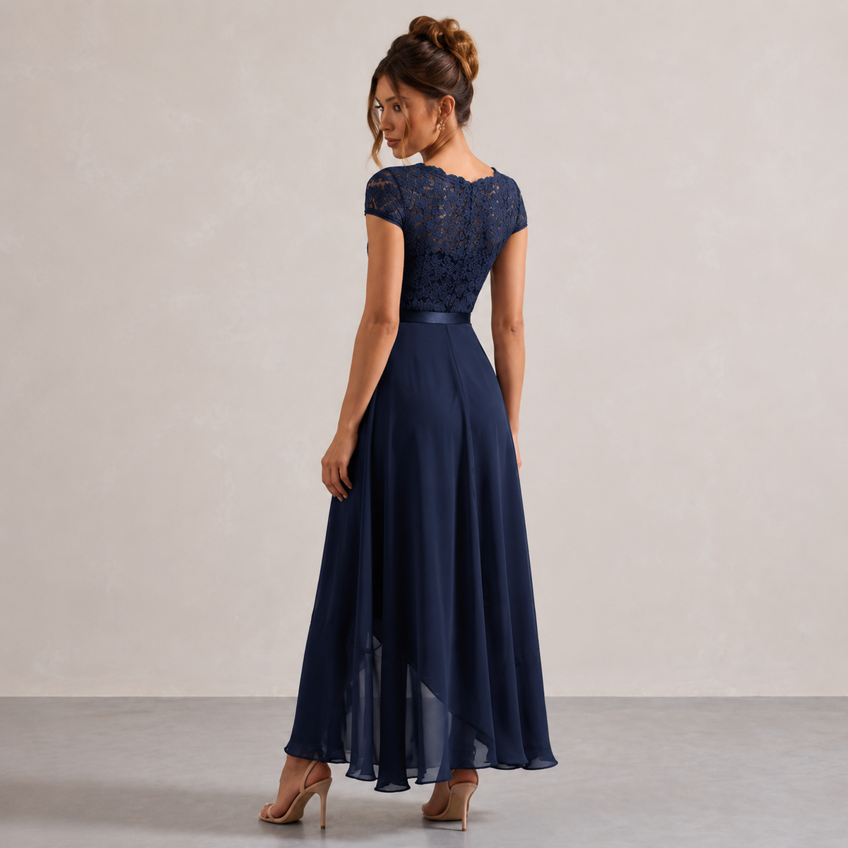 V-Neck Cap Sleeve Lace Bodice Ruffle High Low Midi Dress 12