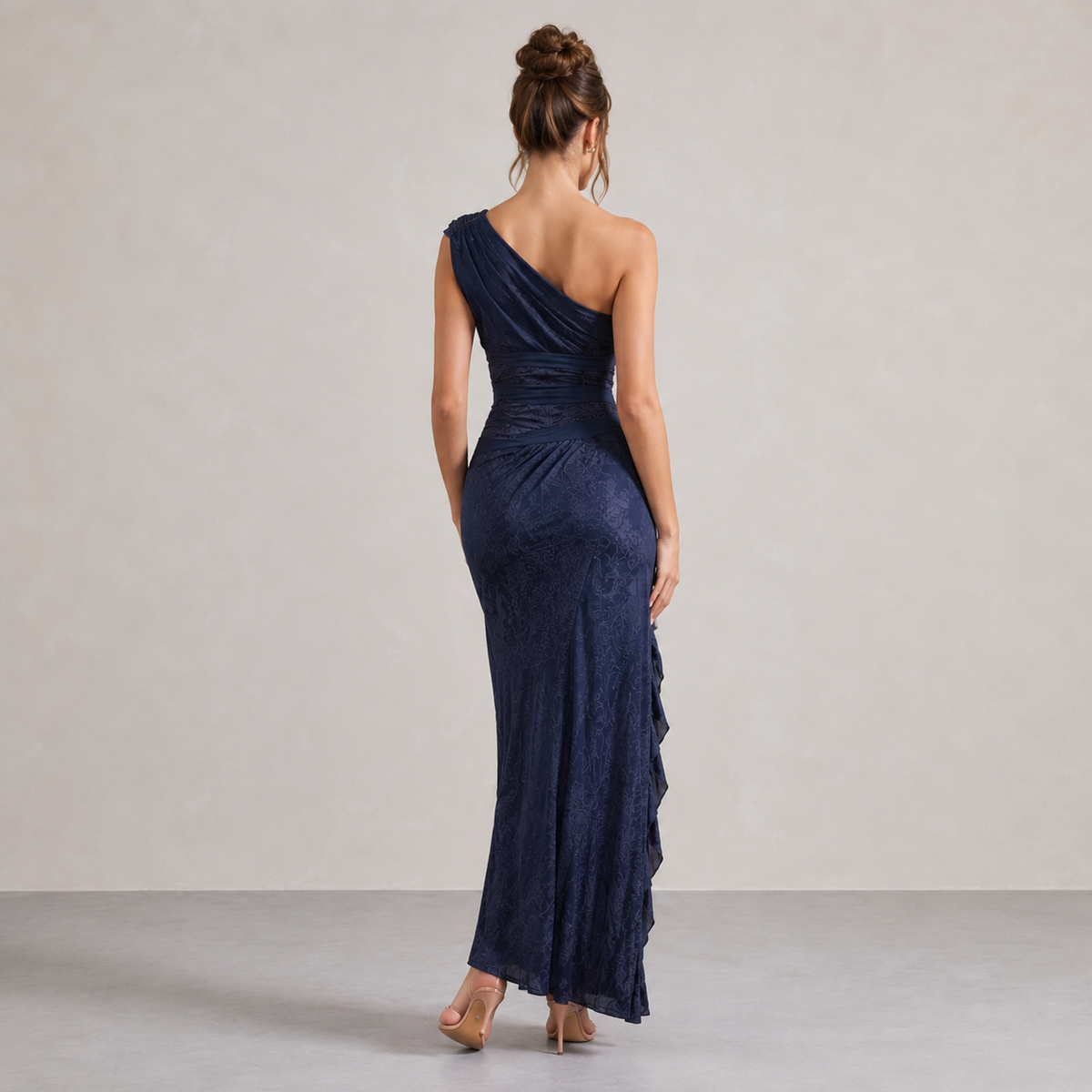 One Shoulder Floral Burnout Ruffle High Split Maxi Dress 3